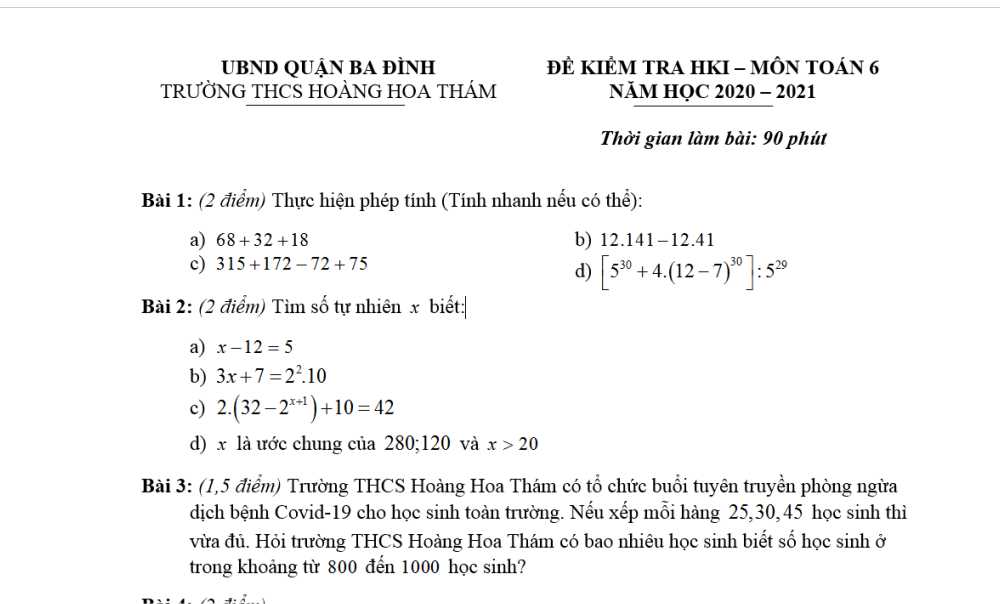 Toán 6-Đề kiểm tra cuối kì 1 Trường THCS Hoàng Hoa Thám-Ba Đình năm học 2020-2021
